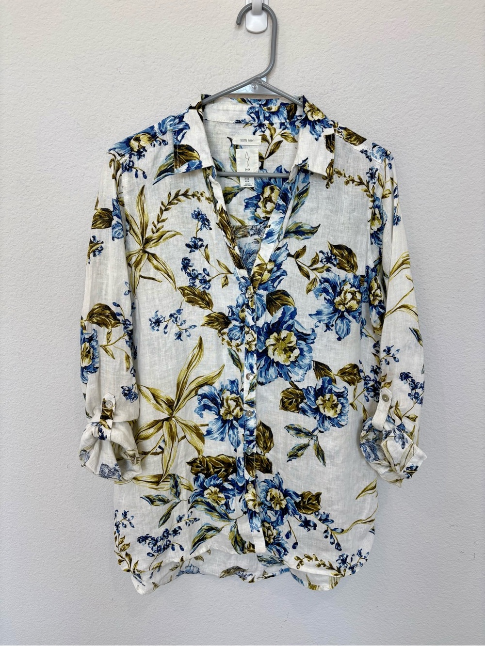 Joie Floral Linen Button Down Blouse Medium Rolled Cuffs Coastal Cottagecore